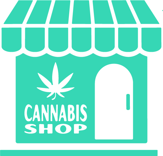 Icon of a cannabis shop with an awning and a marijuana leaf emblem.
