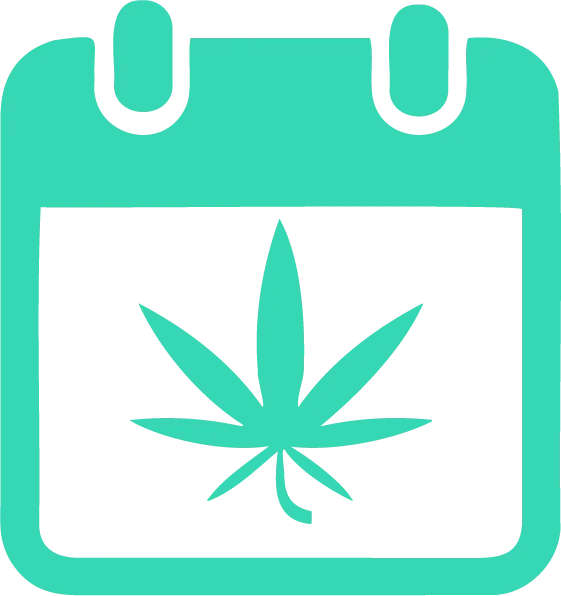 A calendar icon with a cannabis leaf symbol.